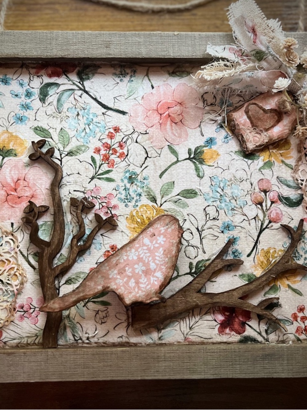 Hand Crafted Pink and Cream Floral Bird‎ Wall Art